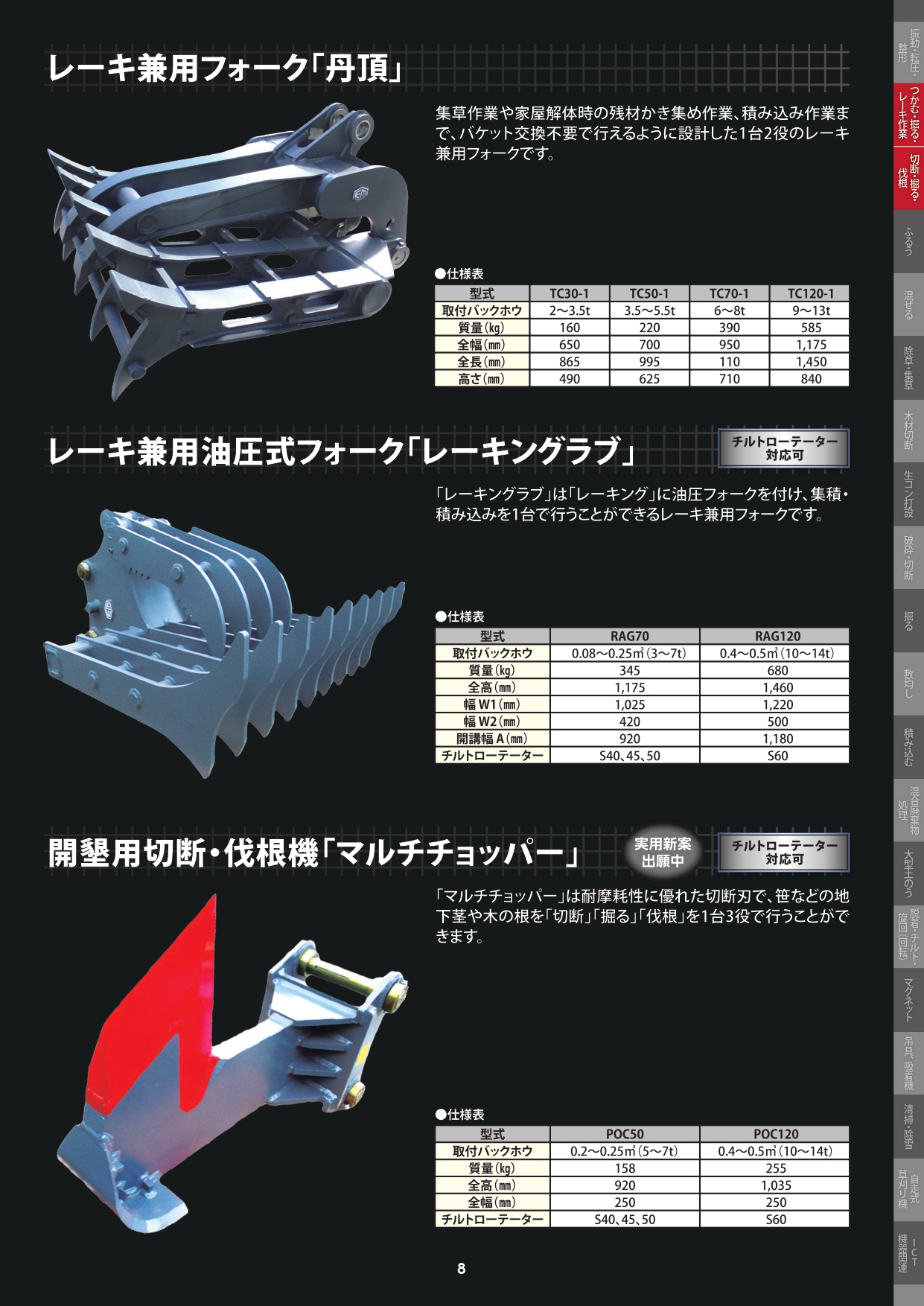 レーキ兼用フォーク｢丹頂｣／レーキ兼用油圧式フォーク｢レーキングラブ｣／開墾用切断･伐根機｢マルチチョッパー｣