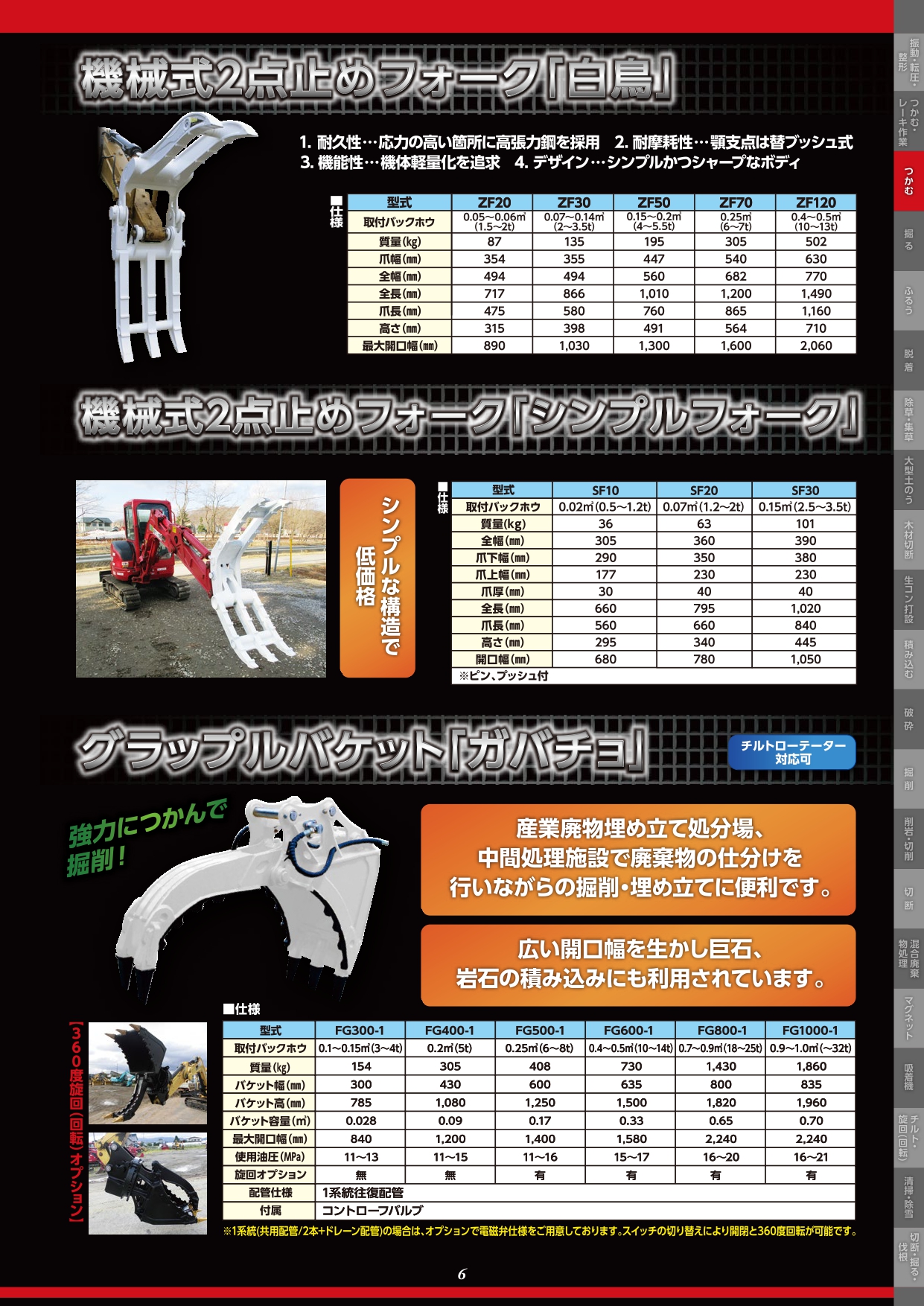 機械式2点止めフォーク｢白鳥｣／機械式2点止めフォーク｢シンプルフォーク｣／グラップルバケット｢ガバチョ｣