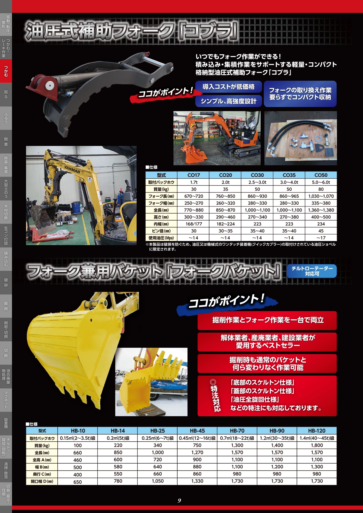 フォーク兼用バケット｢フォークバケット｣／油圧式補助フォーク｢コブラ｣