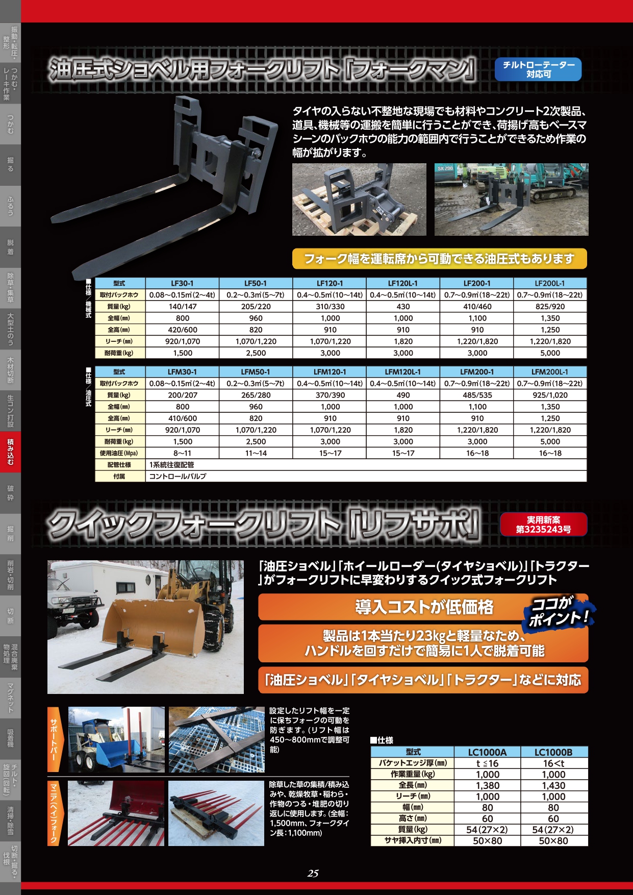 油圧ショベル用フォークリフト｢フォークマン｣／クイックフォークリフト｢リフサポ｣
