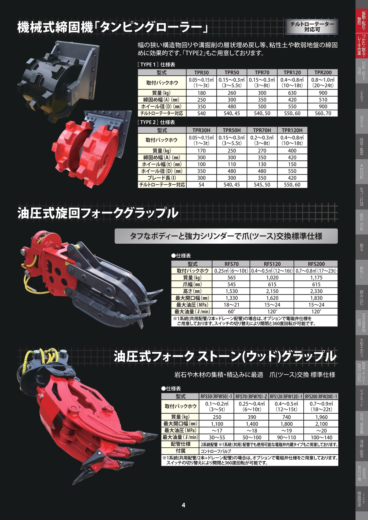 ●機械式締固機｢タンピングローラー｣／油圧式フォークグラップル／油圧式ストーン/ウッドフォークグラップル